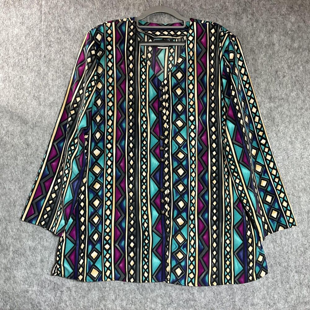 Vintage Shirt Womens Plus 2X Black Geometric Print Button Down Southwest USA 90s